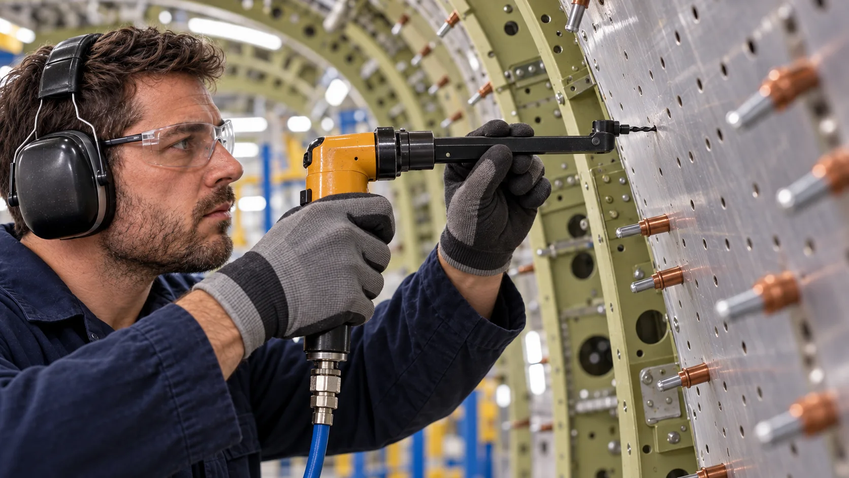 Aerospace assembly worker drilling an aircraft structure