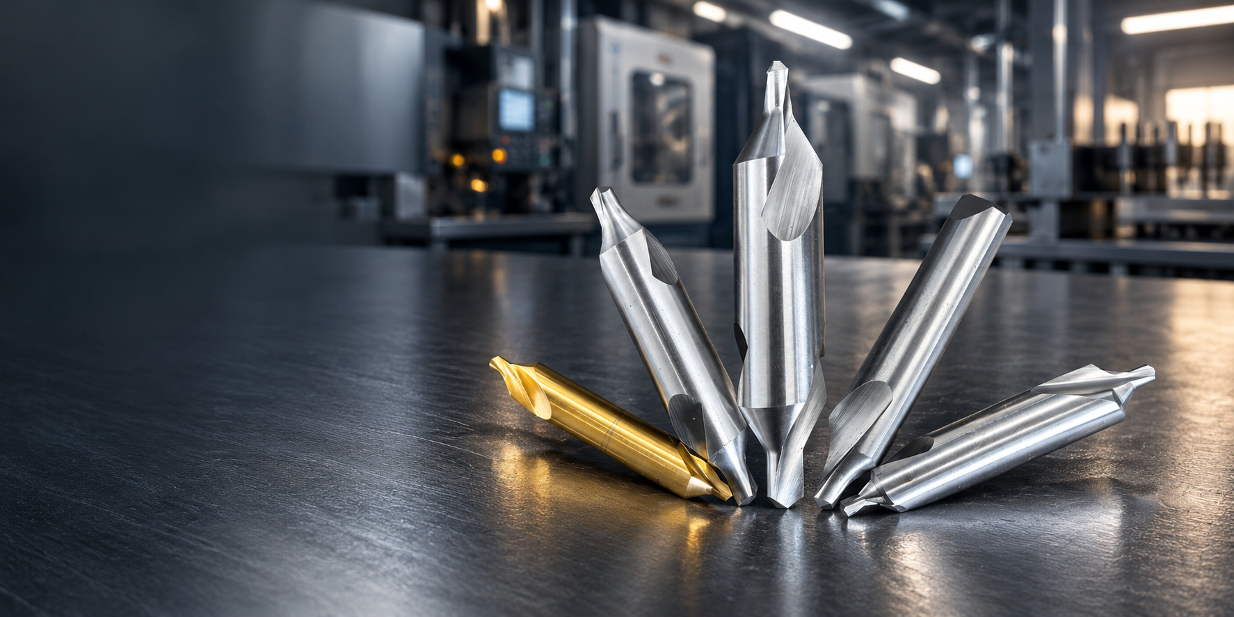 Center drills arranged in a precision machining workshop
