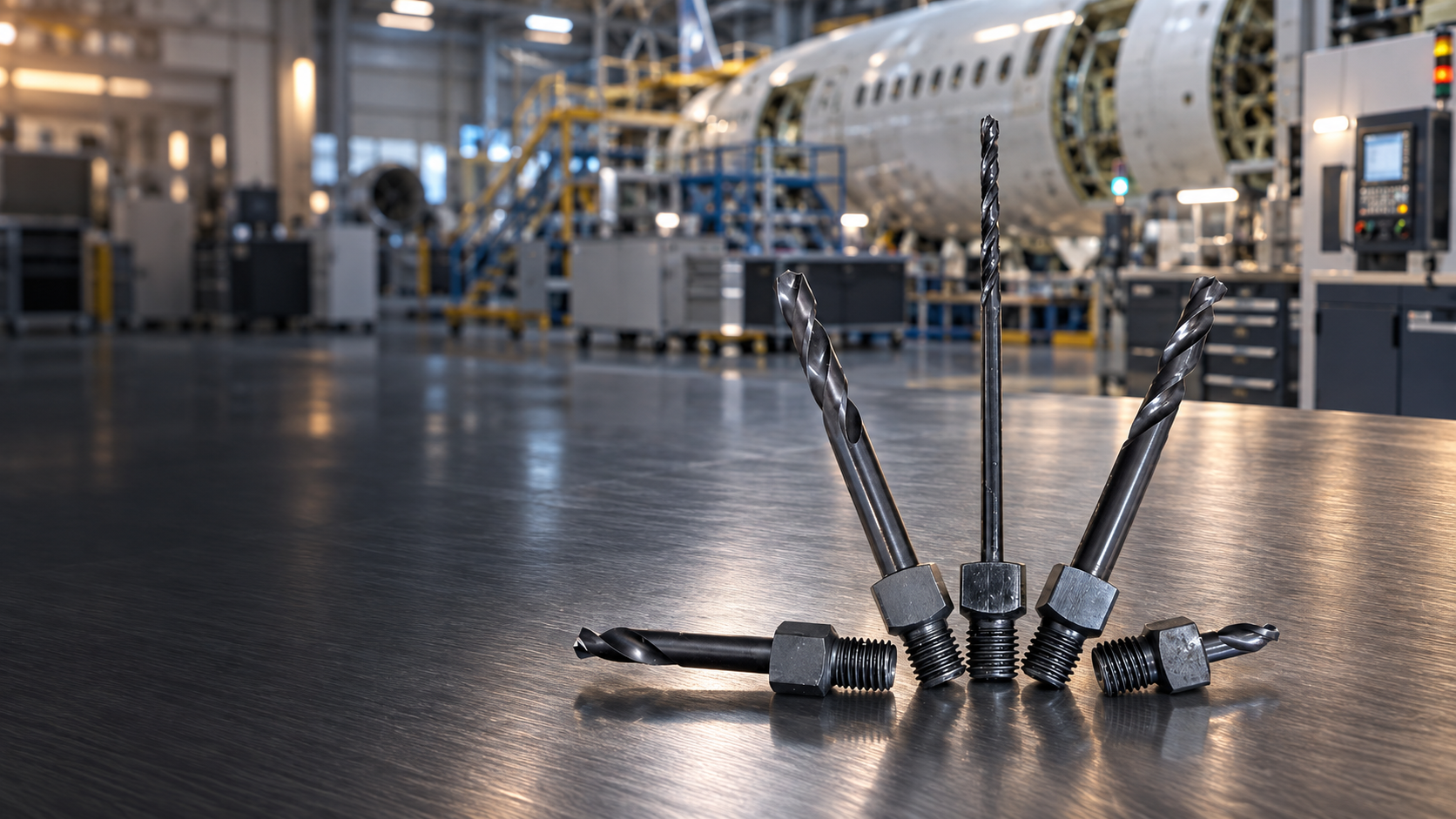 NAS965 threaded-shank drills arranged in a precision machining workshop