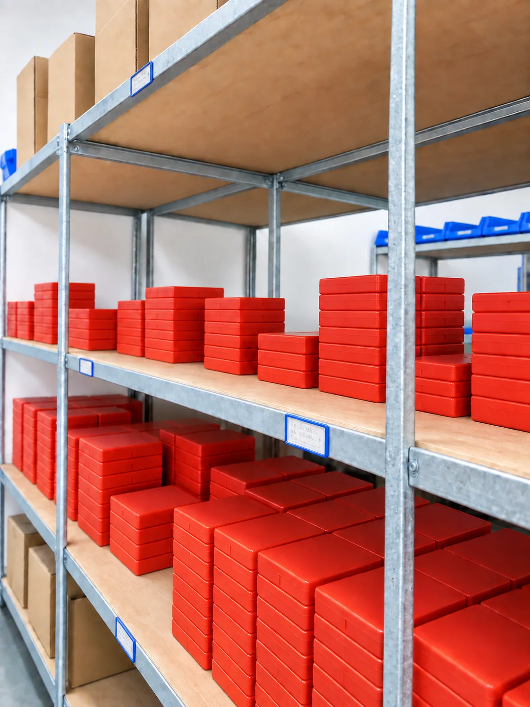 Boxed drilling tools arranged on warehouse shelving